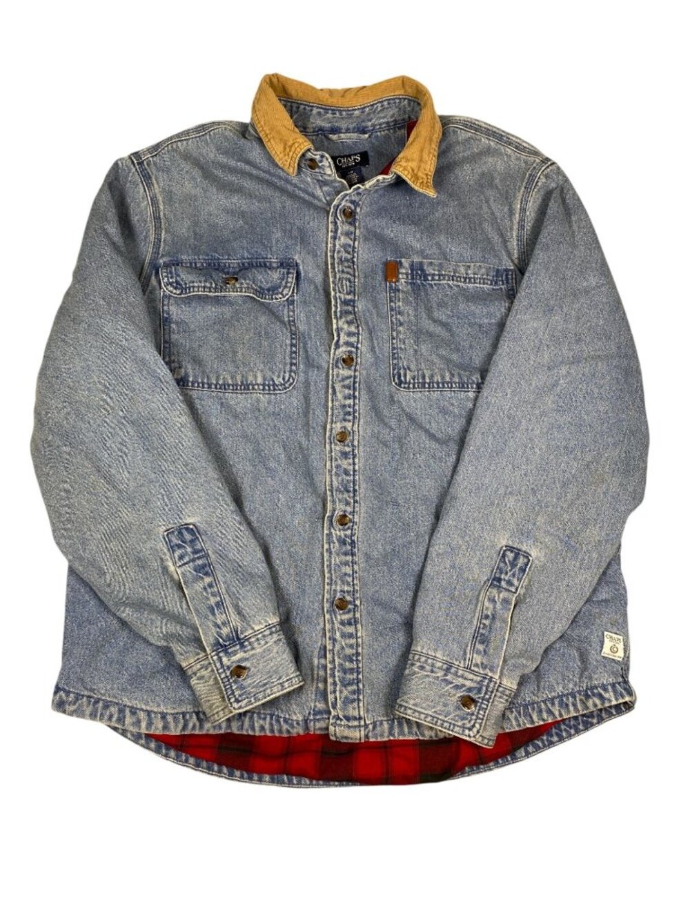 Chaps Denim Shirt Jacket Lined Corduroy Collar Red Plaid Lining Large Vintage